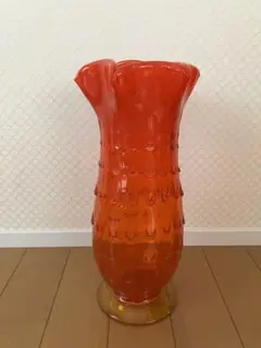アンティーク ガラス製フラワーベース レッド 花瓶 吹きガラス 昭和