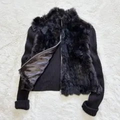 リアルファー切替 ニットジャケット ジップアップ 異素材リブ袖 ショート丈 防寒