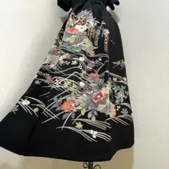 【1点物】美品　着物　リメイク　ロングスカート　黒留袖　花柄　正絹　豪華