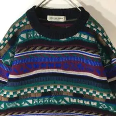 【個性派古着】日本製　総柄デザインニット　立体編み　幾何学模様　マルチカラー　M