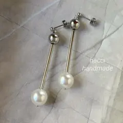 #486 スワロフスキーパール×シルバーボール　スティックピアス/イヤリング