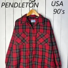 90s USA製 PENDLETON 開襟ギャバジンウールシャツ M～L 赤黒