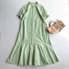 シップス＊ヘムフレアスタンドカラーシャツワンピース　ライム　ストライプ