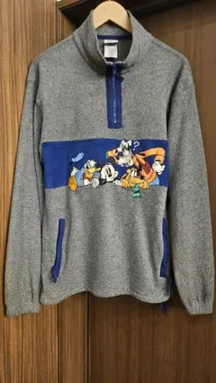 90s ディズニー ミッキー センター刺繍 ハーフジップ フリース グレー　S