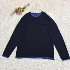 美品＊H&M　綿混　長袖ニット　カットソー　ロールヘム　青　紺　EUR・Ｌ