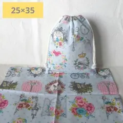 入園準備　女の子　水色　うさぎ　アニマル　花柄　　給食袋　ランチョンマットセット