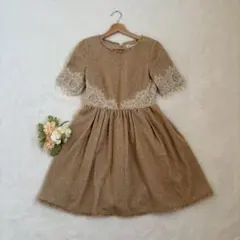 ［JILL Stuart］レース付きベージュ半袖ワンピース（S）毛使用　ブラウン