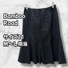 N0416　ひざ丈フレアスカート　総柄　日本製　ブラック　Ｍ〜Ｌ　11号