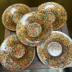 茶托 漆器の多色模様皿5枚セット