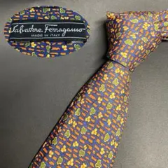 サルヴァトーレフエラガモ　ネクタイ　ネイビー　オレンジ　グリーン　花柄　総柄
