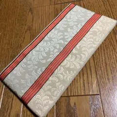 【半幅帯】ベージュ ボタニカル柄 織り柄 赤ライン 和モダン 着物 普段着 上品