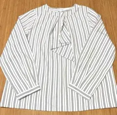 オンワード樫山ドレスキップ　ブラウス ボータイ　長袖　ストライプ　L