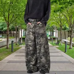 y2k デニムパンツ Lサイズ 迷彩 バギー デニム 新品 迷彩 グランジ　韓国