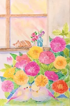 みみ様専用水彩画 お花の帽子をかぶる小鳥さん 値段は※900円です