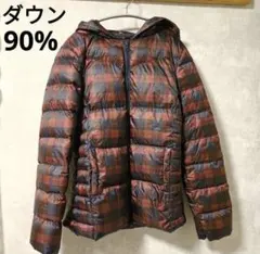 ダウン90% チェック柄 ダウンジャケット フード付き レッド ネイビーのサムネイル