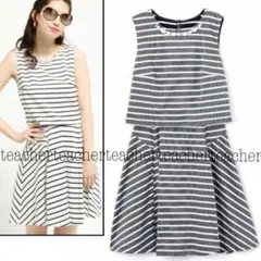 ビジュー コットン 綿 ふんわり フレア ワンピース ネイビー ボーダー 可愛い