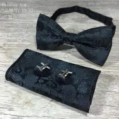 蝶ネクタイ 結婚式 ブラック／グリーン／ブラウン チーフ 新郎 挙式 お色直し