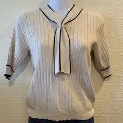 しまむら　Linoluce パール付き ボウタイリブニット 半袖　Mサイズ