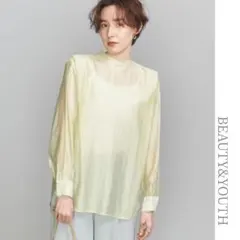 BEAUTY&YOUTH／バックボタンシアーシャツ イエロー サテン透け感長袖