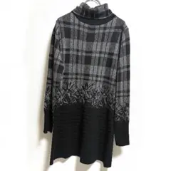 【美品】ワンピース チェック柄×花模様 M 黒×銀 タートルネック 長袖