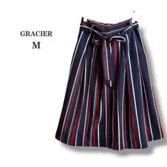 【GLACIER】ウエストリボン付ストライプフレアスカート　ひざ丈　ネイビー　M
