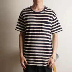 BEAMS マルチボーダー 半袖Tシャツ L クルーネック ネイビー/IZ30