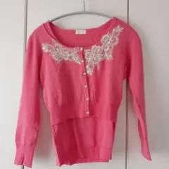 ピンク レース花柄 7分袖アンサンブル