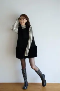 新品未使用 myu ECOファー切替2wayジレワンピ　ブラック SM