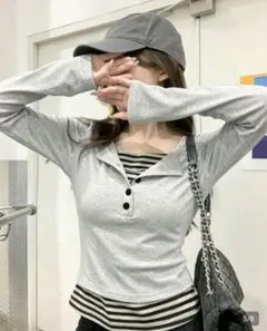 ストライプコントラストボタン 2 in 1 長袖Tシャツ　shine