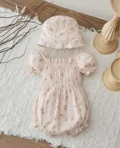 花柄ベビーロンパース　帽子セット　74〜80cm