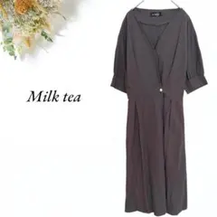 Milk tea半袖ロングワンピース ブラウン 韓国製 金ボタンVネック3523