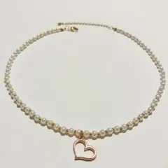 ハンドメイドビーズネックレス ハート ピンクゴールド パール38cmポイント消費