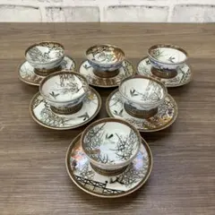3F 九谷焼 金彩 色絵 梅に鳥 汲出揃 茶器 カップ＆ソーサー 6客セット