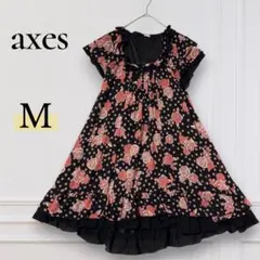 axes 半袖 ワンピース M 黒 花柄 フレアスカート シフォン 薔薇