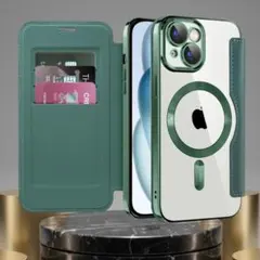 iPhone 15 ケース 手帳型 グリーンMagSafe対応カード収納レザー調