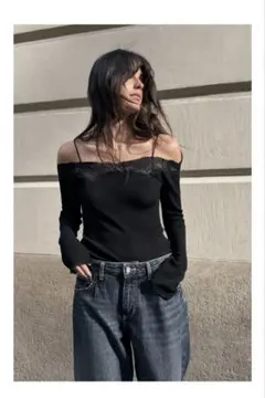 完売品⭐︎ZARA オフショルダーTシャツ L ブラック　レース