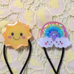 ベビーキッズヘアゴム　太陽　虹雲　天気　プラバン　ハンドメイド