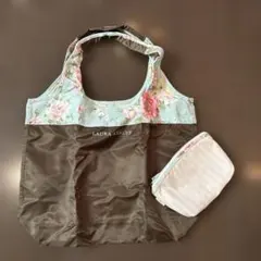 LAURA ASHLEY エコバッグ フラワープリント　ブラウン　水色