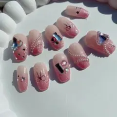 ネイルチップ ピンクラメ ハート キラキラネイル ワンホン 韓国 量産型