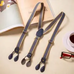 サスペンダー ボタン式 ネイビー 調整可能 フォーマル ヴィンテージ レザー調