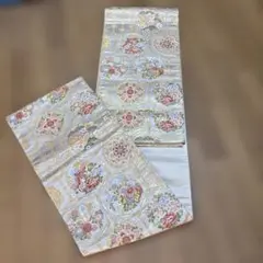 高級 正絹 袋帯 着物 フォーマル ベージュ　クリーム　柄花