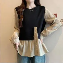 大きいサイズ レディース トップス　重ね着風　シャツ　カーキ 秋冬 長袖 韓国