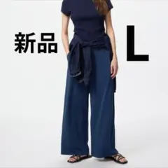 新品　ユニクロ　クレープジャージーストレートパンツ　L　ブルー　UNIQLO