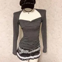 平成ギャル　Y2K ストライプオフショルダー長袖トップス　グランジ　人気