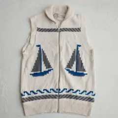 グリーンレーベルリラクシング◇ベスト ヨット柄 リネン混 ジップアップ ジレ S
