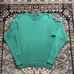 【90s VINTAGE】ラルフローレン コットンニット グリーン 刺繍ロゴ M