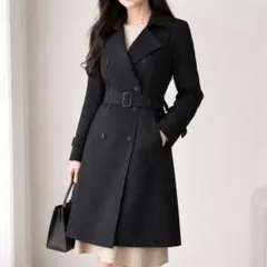 【1】レディース トレンチコート ブラック ロング ベルト付き ダブルボタン S