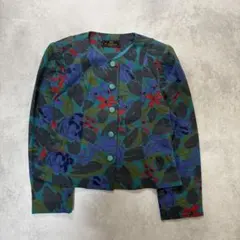 hi-fashion ノーカラージャケット　花柄　短丈　毛100% レトロ