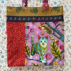 ナタリーレテ　生地　他　 カラフル猫イラストトートバッグ　手提げ　Ａ４