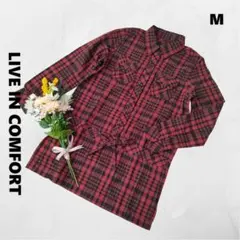 リブインコンフォート♪長袖チュニック ウエストリボン 赤 チェック柄 M